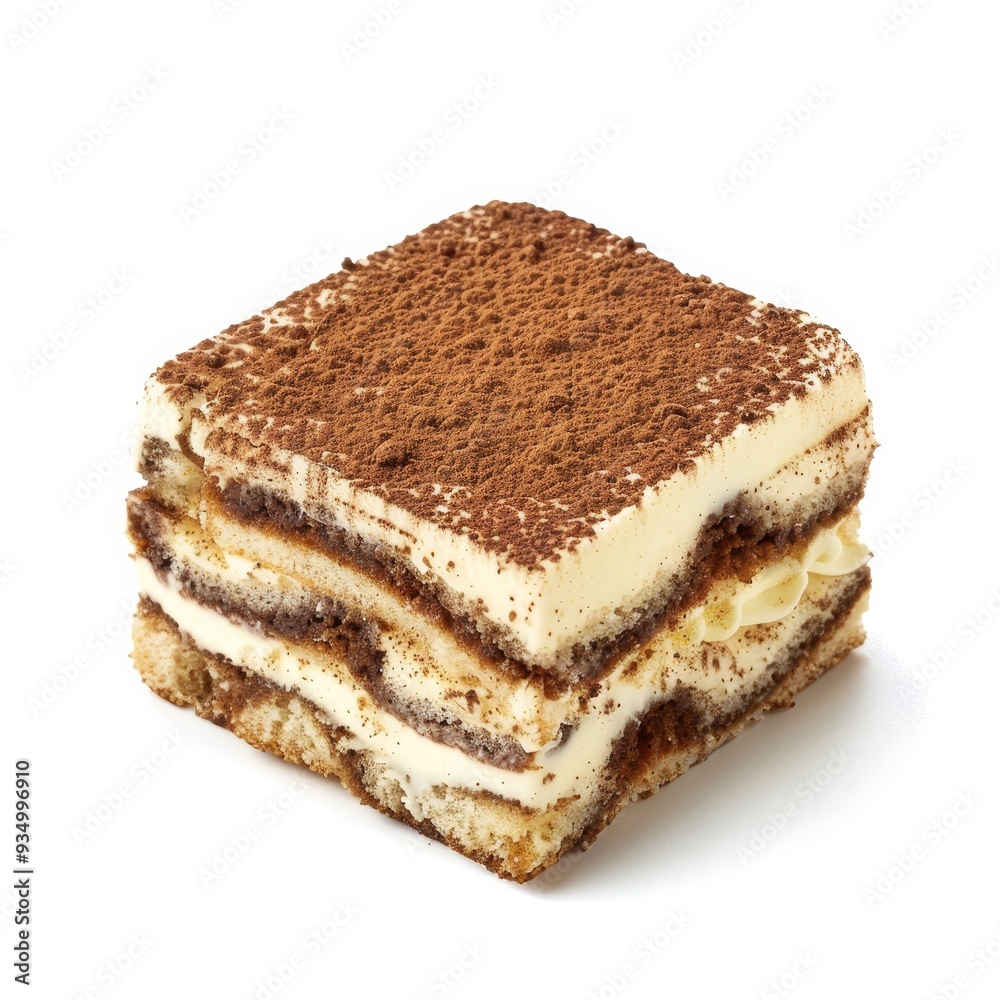 A square slice of tiramisu dessert with layers of ladyfingers, creamy filling, and cocoa powder on top. A square slice of tiramisu dessert with layers of ladyfingers, creamy filling, and cocoa powder on top.