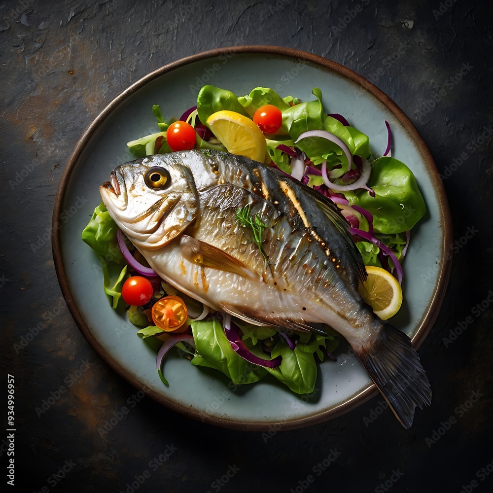 Delicious Fish dish with lemon and salad, Baked or fried salmon or tuna, seafood Healthy concept Delicious Fish dish with lemon and salad, Baked or fried salmon or tuna, seafood Healthy concept