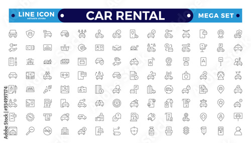 Car and rent simple minimal thin line icons. Related car rental, repair, transport, and travel. Car dealer, vehicle, and automobile industry-related outline icons set. Editable stroke outline icon. 