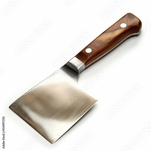 A stainless steel cleaver with a wooden handle, isolated on a white background. photo