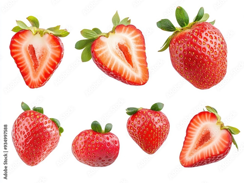 Close-up of six fresh red strawberries, two halves, one whole, two whole with green leaves and one half with green leaves, isolated on white background. Close-up of six fresh red strawberries, two halves, one whole, two whole with green leaves and one half with green leaves, isolated on white background.