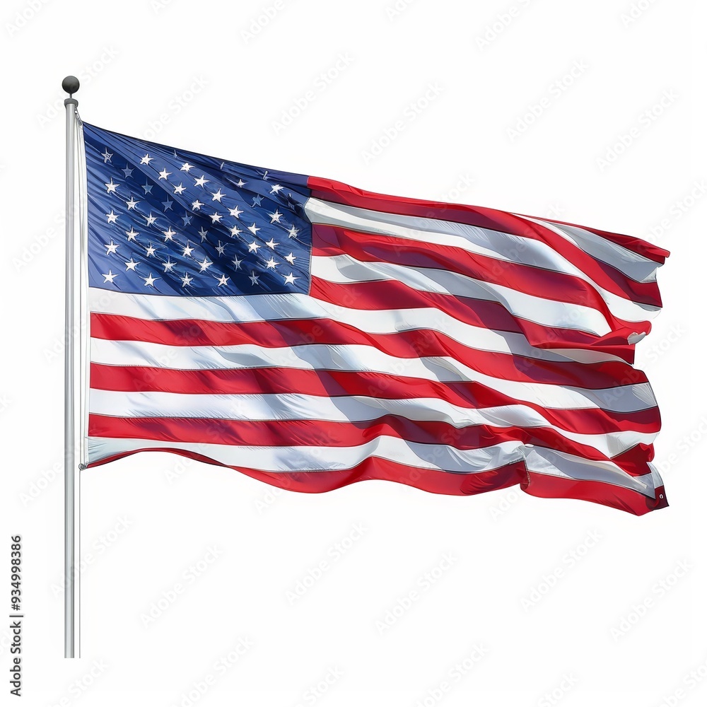 Fototapeta premium A vibrant American flag waving proudly on a flagpole against a white background.