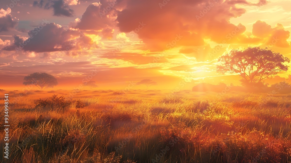 Obraz premium Beautiful sunrise over a meadow with trees