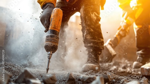 Construction worker using a jackhammer to break up concrete.