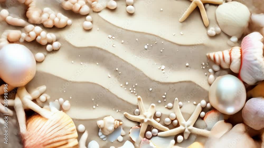 Creating a serene beach-themed decorative display with seashells, pearls, and sand at a summer beach setting Creating a serene beach-themed decorative display with seashells, pearls, and sand at a summer beach setting