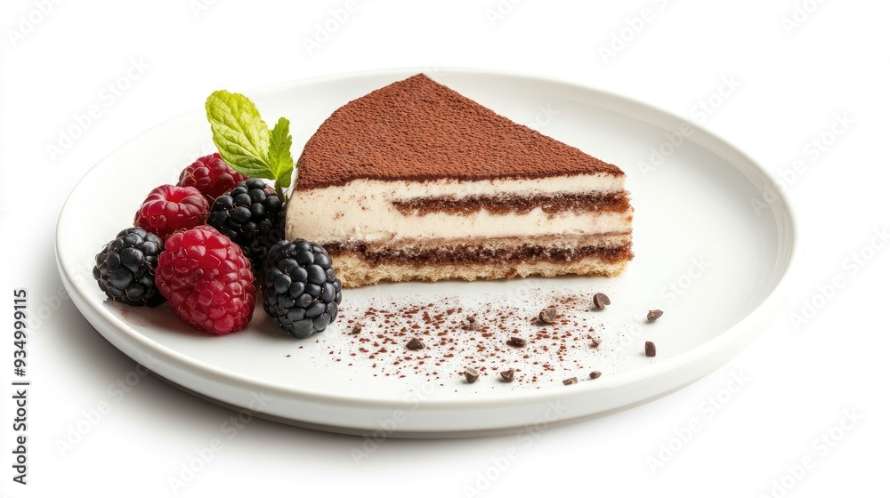 A slice of tiramisu dessert on a white plate with raspberries and blackberries. A slice of tiramisu dessert on a white plate with raspberries and blackberries.