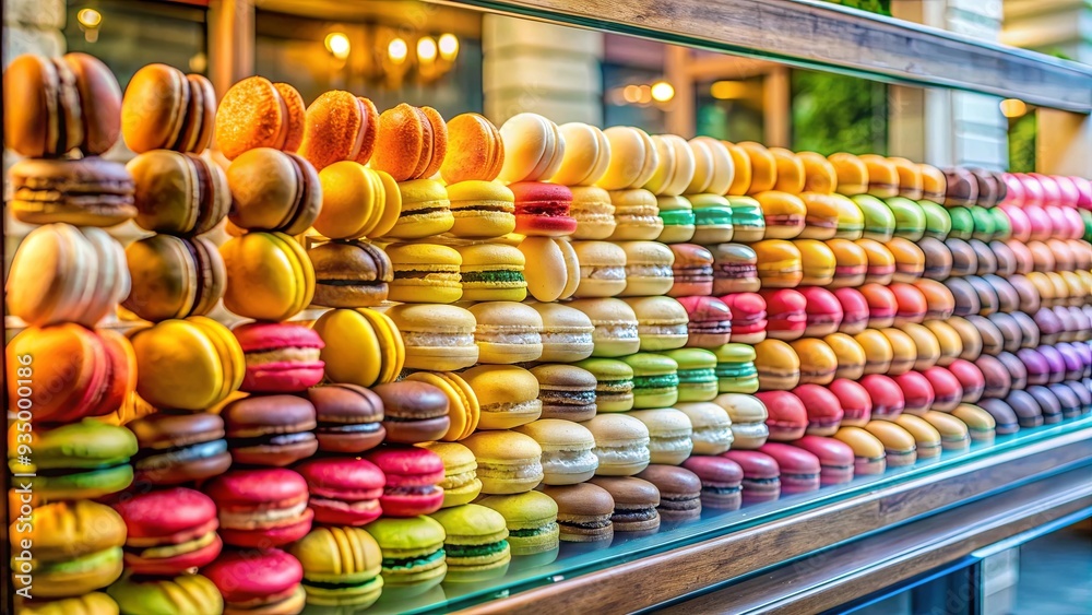 Patisserie window display with colorful macarons, French, delicacies, sweets, elegant, showcase, pastries, bakery Patisserie window display with colorful macarons, French, delicacies, sweets, elegant, showcase, pastries, bakery