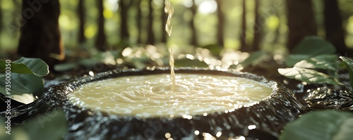 Latex flowing into a leafbased collection vessel in an organic rubber plantation, sustainable latex collection, natureinspired design photo