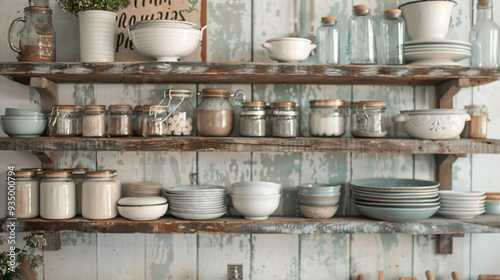 A farmhouse-style kitchen shelf with distressed paint, open wooden brackets, and a decorative sign. The shelf is filled with ceramic dishes, mason jars, and vintage kitchen tools.