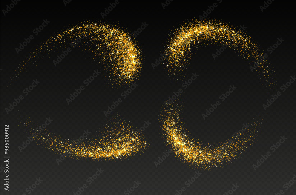 Golden glitter splash, shiny star dust explosion, shimmer spray effect, festive holiday particles isolated on a dark background. Vector illustration. Christmas decoration.