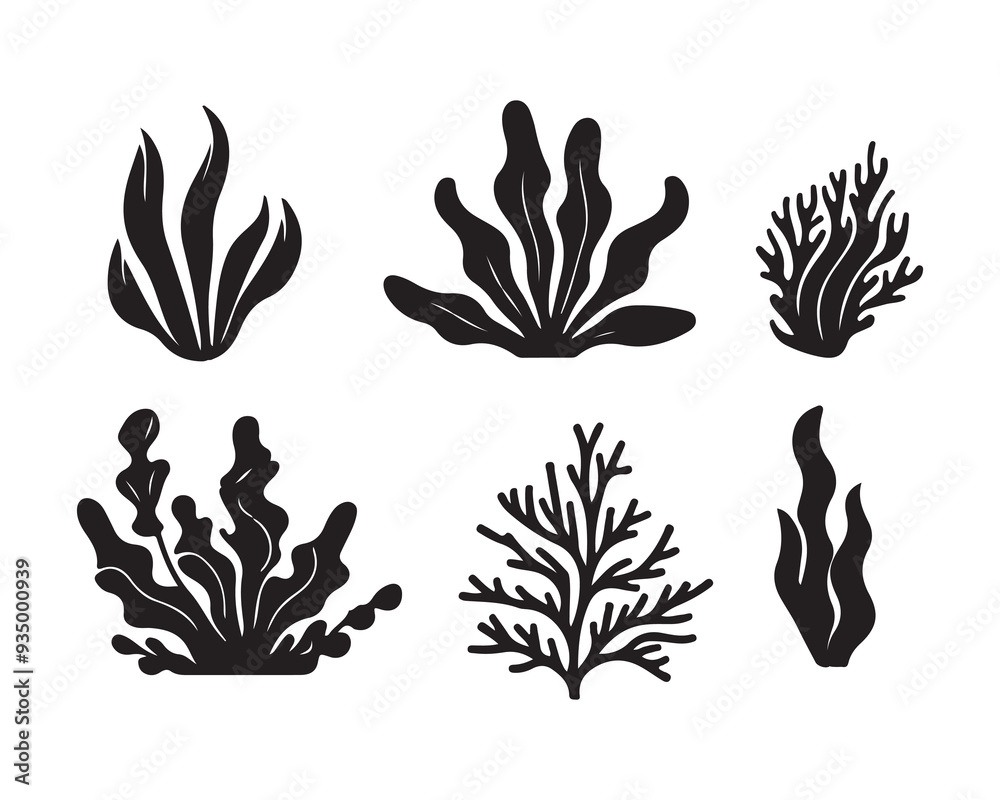 Set of sea corals and seaweed black silhouette. Aquarium plants, underwater ocean flora, algae. Vector illustration isolated on white background. ,Coral reef black silhouettes Set of sea corals and seaweed black silhouette. Aquarium plants, underwater ocean flora, algae. Vector illustration isolated on white background. ,Coral reef black silhouettes