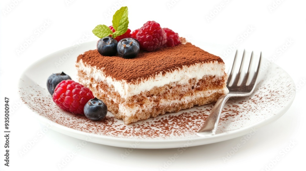 A slice of tiramisu topped with fresh raspberries and blueberries on a white plate with a fork. A slice of tiramisu topped with fresh raspberries and blueberries on a white plate with a fork.