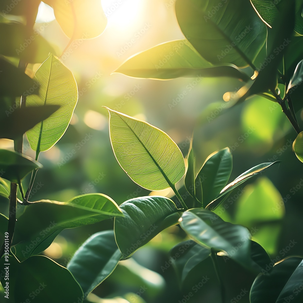 Obraz premium Sunlight filtering through rubber tree leaves in an ecofriendly plantation, natural rubber, environmental harmony
