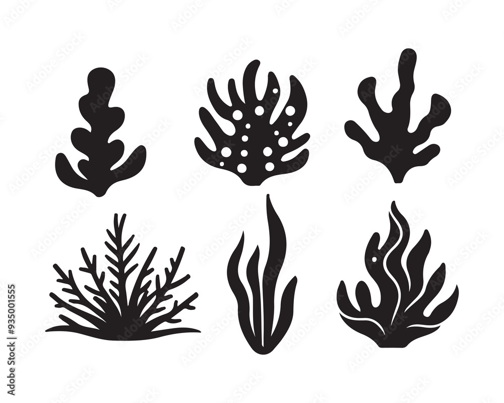 Set of sea corals and seaweed black silhouette. Aquarium plants, underwater ocean flora, algae. Vector illustration isolated on white background. ,Coral reef black silhouettes Set of sea corals and seaweed black silhouette. Aquarium plants, underwater ocean flora, algae. Vector illustration isolated on white background. ,Coral reef black silhouettes