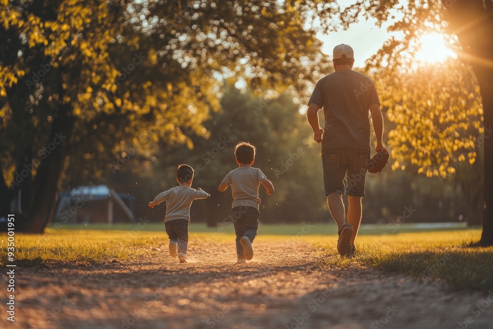 Obraz premium A man is running with two children in a park