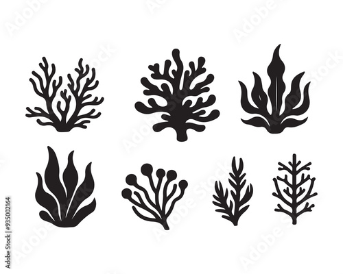 Set of sea corals and seaweed black silhouette. Aquarium plants, underwater ocean flora, algae. Vector illustration isolated on white background. ,Coral reef black silhouettes