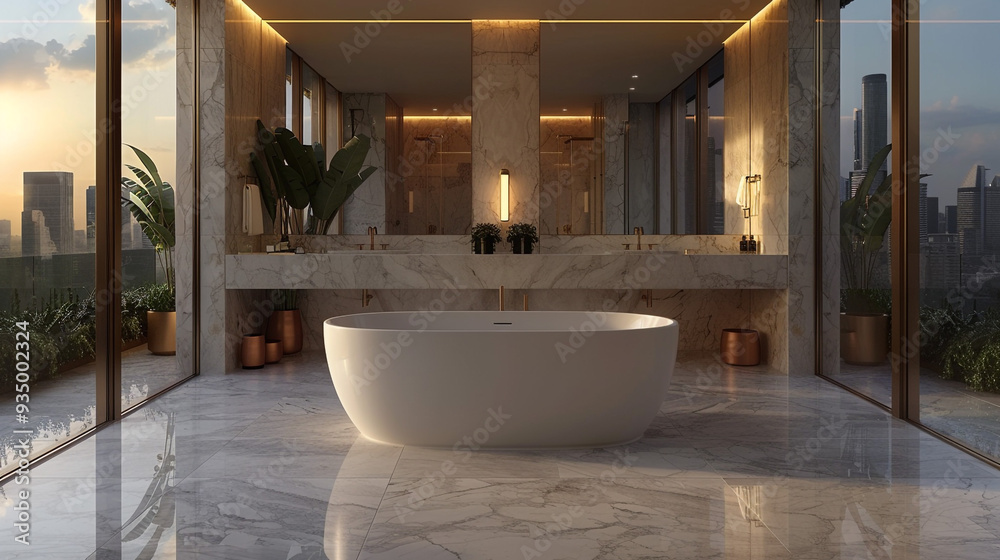 A luxury bathroom with a marble double vanity, a large soaking tub, and floor-to-ceiling windows offering a stunning view. The space features high-end finishes and an elegant, serene atmosphere. A luxury bathroom with a marble double vanity, a large soaking tub, and floor-to-ceiling windows offering a stunning view. The space features high-end finishes and an elegant, serene atmosphere.