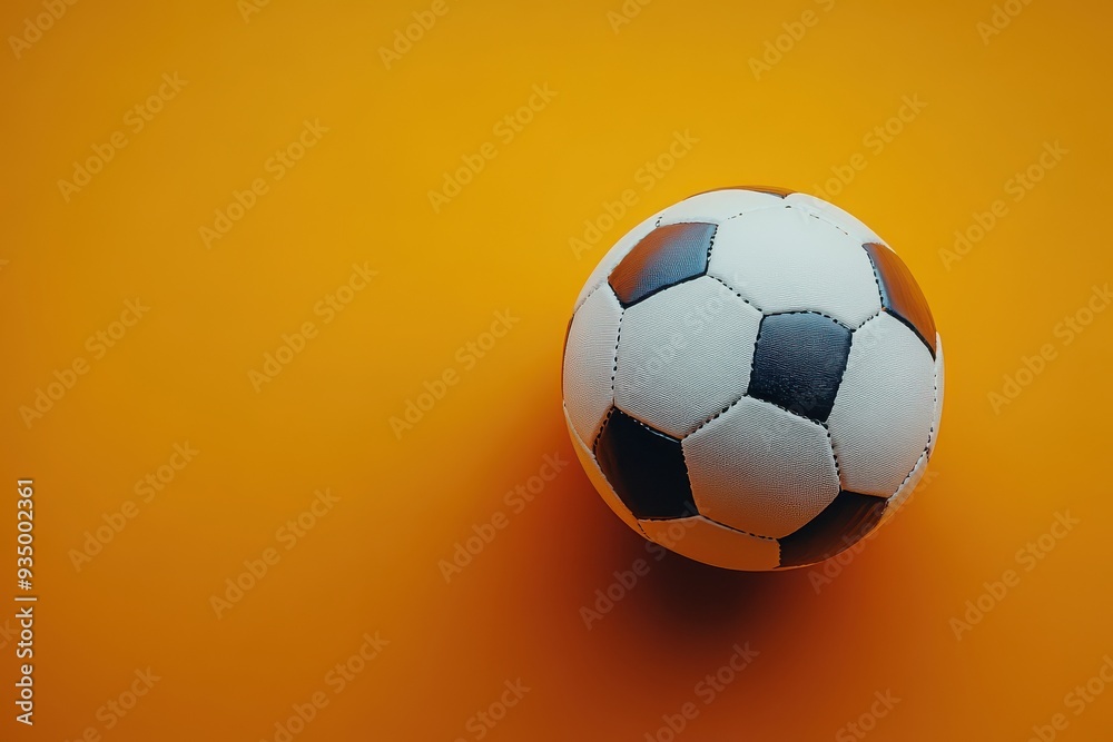 A soccer ball is sitting on a yellow surface A soccer ball is sitting on a yellow surface