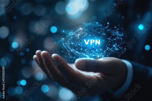 A hand holding a blue object with the word VPN written on it