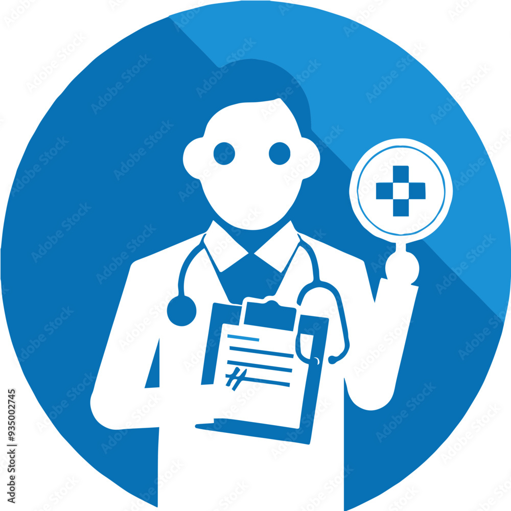 Doctor Character with Medical Report Illustration in Blue Circle Doctor Character with Medical Report Illustration in Blue Circle