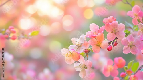 Pink Blossom Springtime: Delicate pink blossoms burst into bloom, bathed in soft, golden sunlight, creating a scene of delicate beauty and new beginnings.  photo