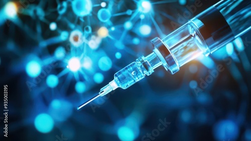 Close-up of a syringe against a blue bokeh background, representing medical technology and healthcare innovation.