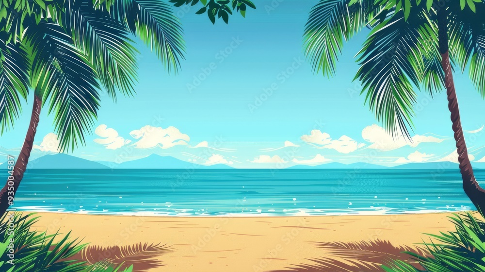 A peaceful beach scene showcasing palm trees, clear water, and a bright sky, perfect for relaxation and travel inspiration A peaceful beach scene showcasing palm trees, clear water, and a bright sky, perfect for relaxation and travel inspiration