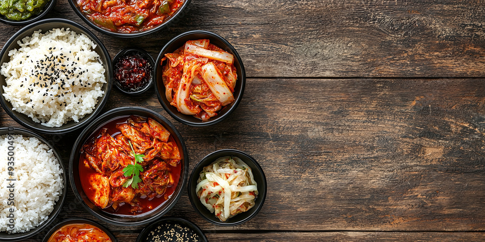A top view of various Korean dishes in small bowls, generative AI A top view of various Korean dishes in small bowls, generative AI