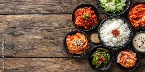 A top view of various Korean dishes in small bowls, generative AI