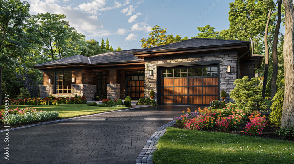 A suburban home with a rustic design, featuring a two-car garage with wooden doors and black metal accents. A suburban home with a rustic design, featuring a two-car garage with wooden doors and black metal accents.