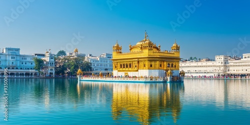 Majestic 3D Golden Temple: Abstract Artistic Representation of Shri Harmandir Sahib in Amritsar. Elegant Minimalist Design with Gradient Textures, Ideal for Cultural Marketing, UI Backgrounds, and Hig