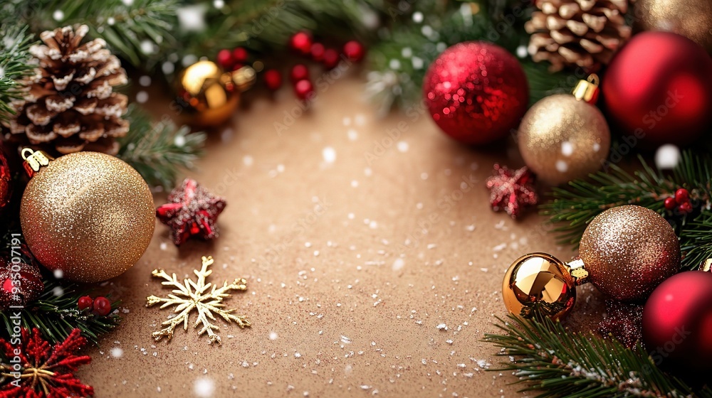 Festive Christmas Ornament Border: A festive Christmas border with red and gold ornaments, pine branches, snowflakes, and pine cones on a brown background with faux snow falling. Festive Christmas Ornament Border: A festive Christmas border with red and gold ornaments, pine branches, snowflakes, and pine cones on a brown background with faux snow falling.