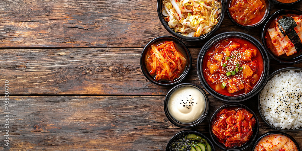 A top view of various Korean dishes in small bowls, generative AI