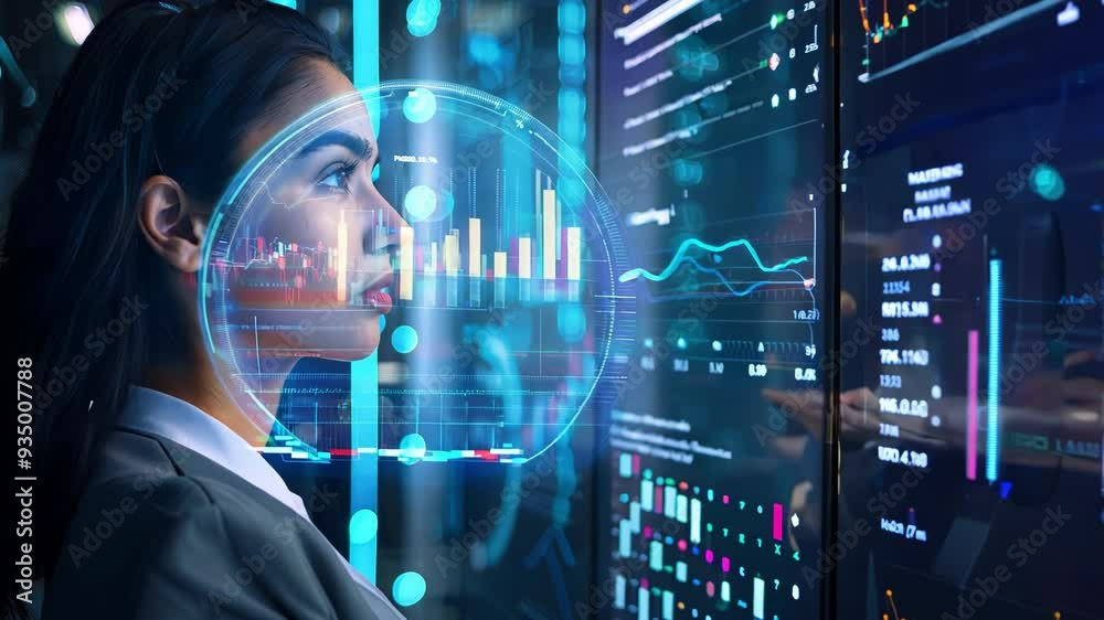 A woman analyzes data through futuristic visualizations, representing innovation in technology and business analytics.