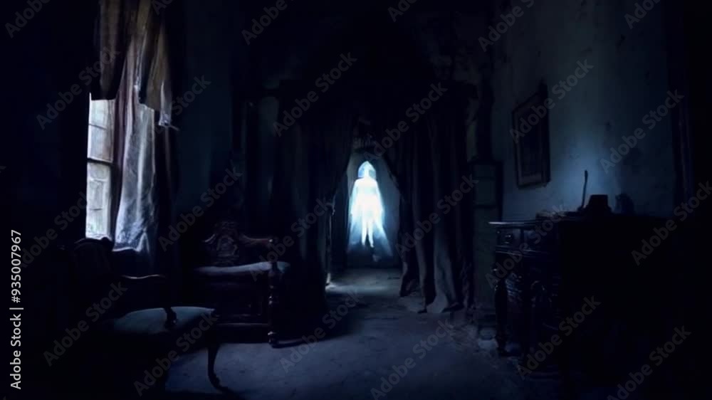 A ghostly figure emerges from the shadows in an empty, dimly lit room, creating an eerie atmosphere and chilling vibe. A ghostly figure emerges from the shadows in an empty, dimly lit room, creating an eerie atmosphere and chilling vibe.
