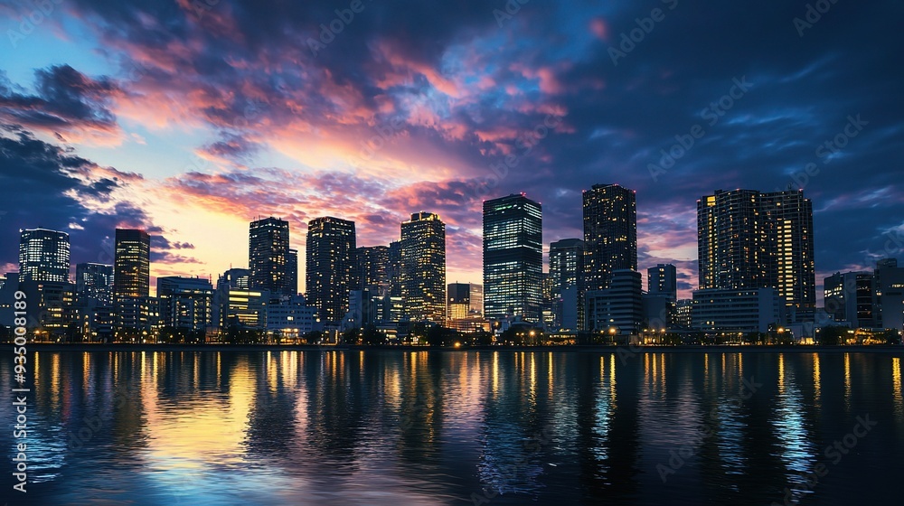 Cityscape Dreams: A mesmerizing panorama of a modern metropolis silhouetted against a vibrant, fiery sunset, reflecting in the still waters below. Cityscape Dreams: A mesmerizing panorama of a modern metropolis silhouetted against a vibrant, fiery sunset, reflecting in the still waters below.