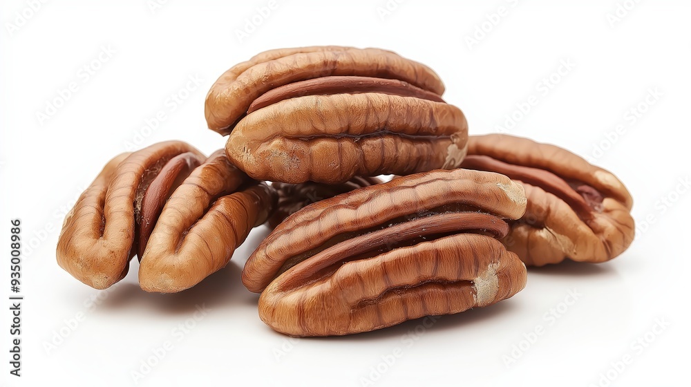 A group of four pecan nuts are arranged in a pile on a white background. A group of four pecan nuts are arranged in a pile on a white background.