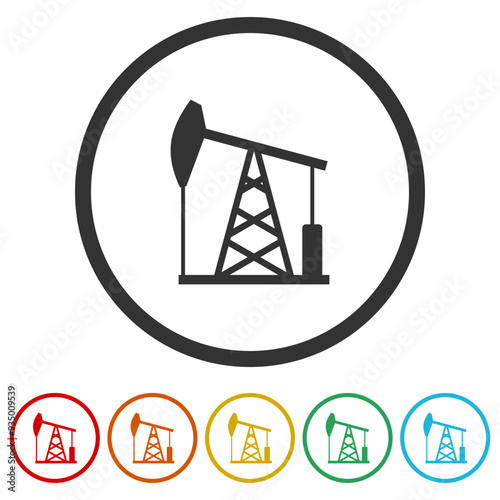 Pump jack oil crane icon. Set icons in color circle buttons