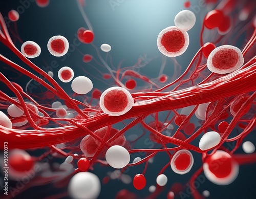 Artistic visualization of red and white blood cells in a bloodstream, showcasing the complexity of human circulation system.