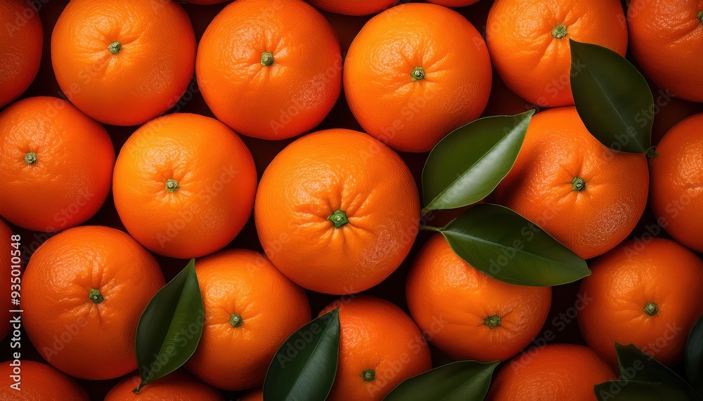 Fresh Orange Fruits with Leaves as Background, Top Vie