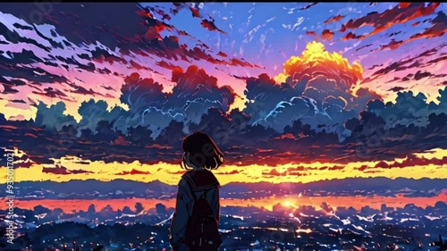 Slow flying clouds anime girl staring at skies. Vertical video backgrounds. Sundown cloudy weather. Colourful dreamy atmosphere Japan scenery. Manga chill lofi hip-hop artwork aesthetic. Seamless loop