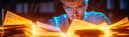 A young man in a dimly lit room, sitting at a cluttered desk with piles of unpaid bills, his face showing deep concern as he reviews his finances