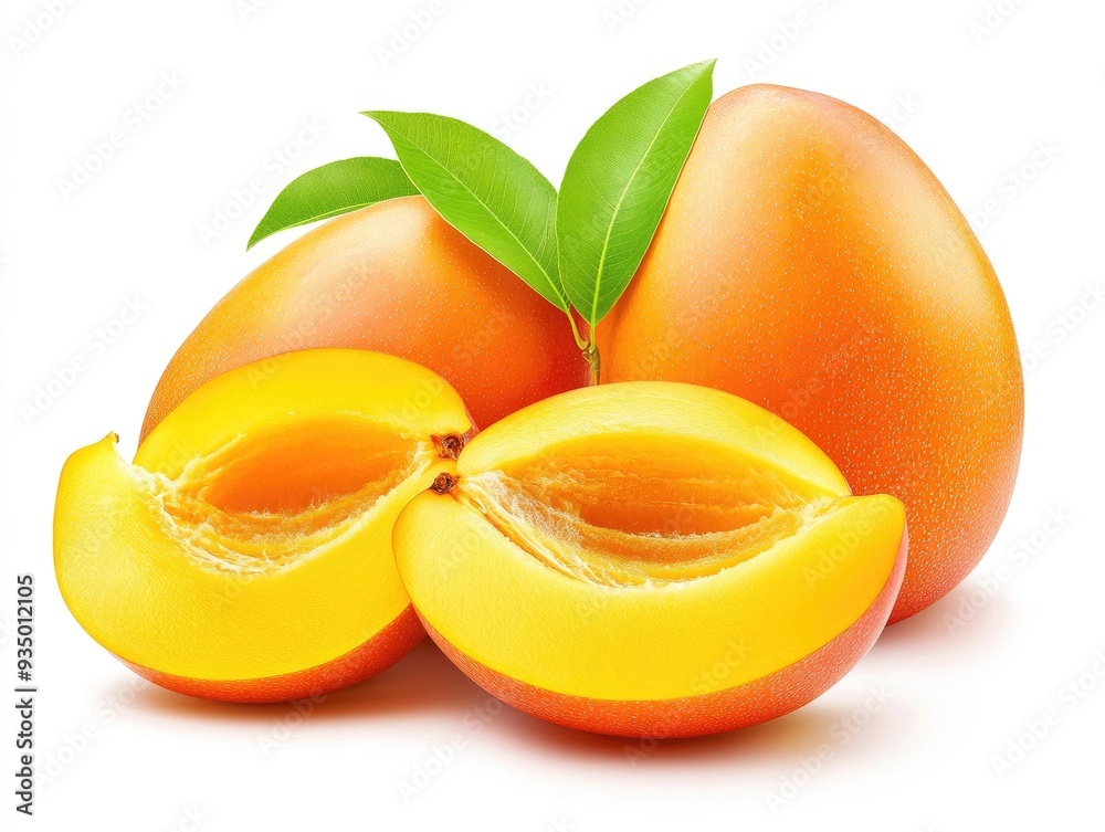 Two whole mangoes with one sliced in half, isolated on a white background.