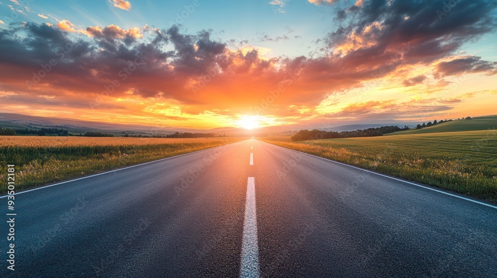 Empty Road Leading Towards a Sunset Over a Green Field Empty Road Leading Towards a Sunset Over a Green Field
