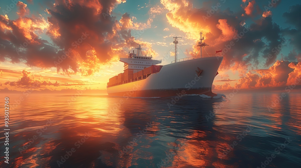 Cargo Ship Navigating Calm Waters During Magnificent Sunset Over Open Ocean Cargo Ship Navigating Calm Waters During Magnificent Sunset Over Open Ocean