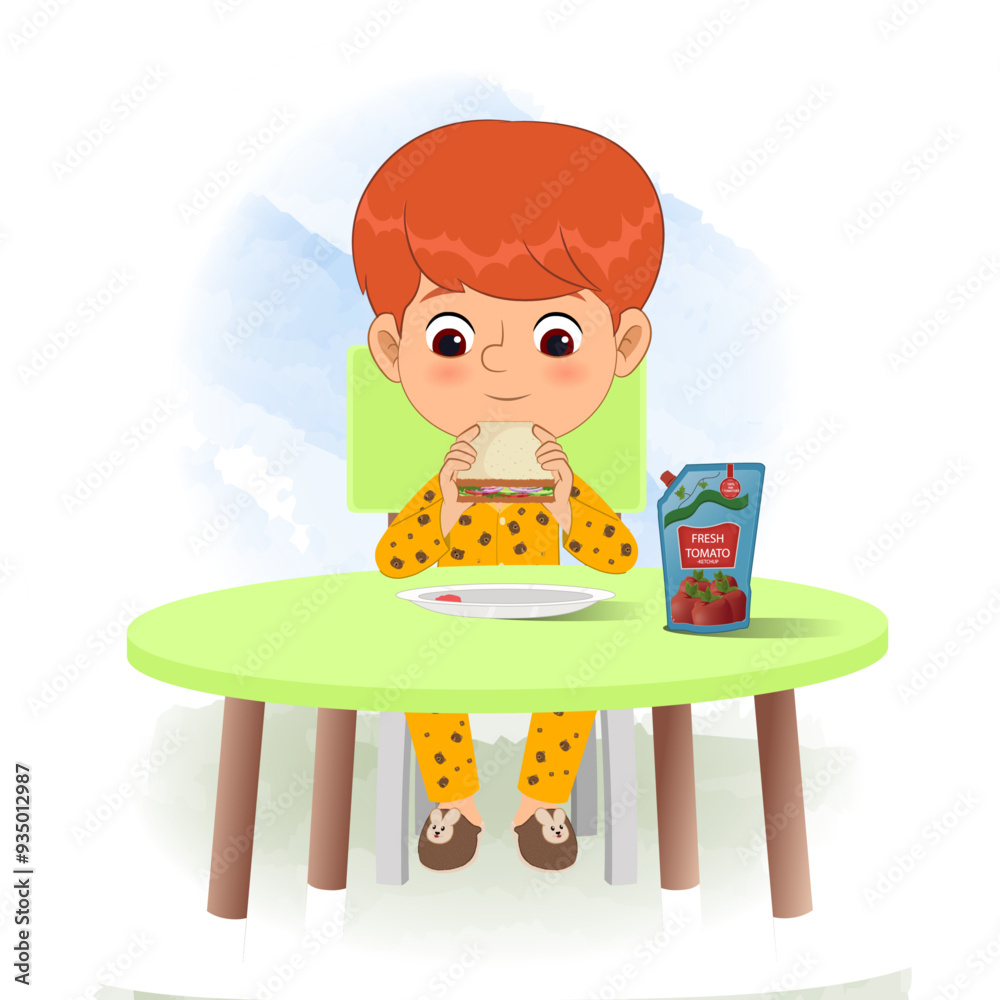 American boy cartoon character eating, in a night suit with orange hair. American boy cartoon character eating, in a night suit with orange hair.
