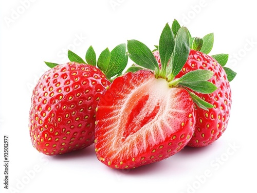 Three fresh strawberries with one sliced in half isolated on white background.