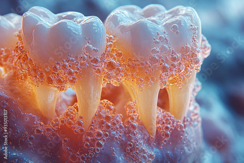 Detailed microscopic image of a pristine tooth enamel surface, highlighting the absence of imperfections, realistic, high detail, 8k