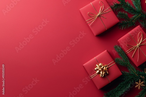 Red gift boxes with golden bows and pine branches on red background