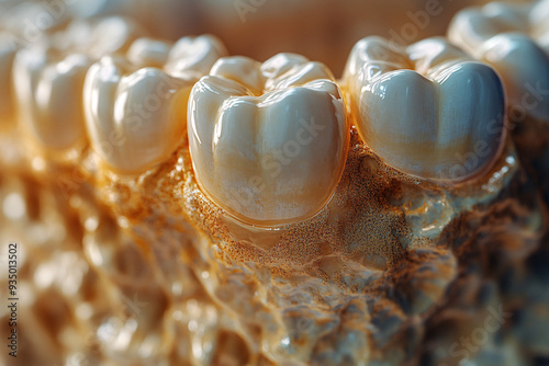 High-resolution microscopic scan of a tooth displaying the smooth and unblemished enamel surface, realistic, high detail, 8k photo